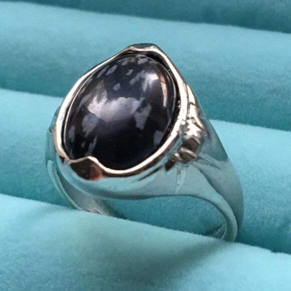 Snowflake Obsidian Ring Size 7.75 Silver Tone Black Cabochon Oval Stone - Picture 3 of 8